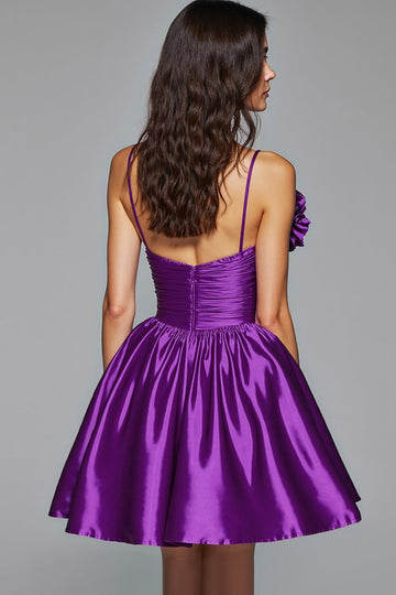 Dark Purple A Line Spaghetti Straps Short Prom Dress With 3D Flower